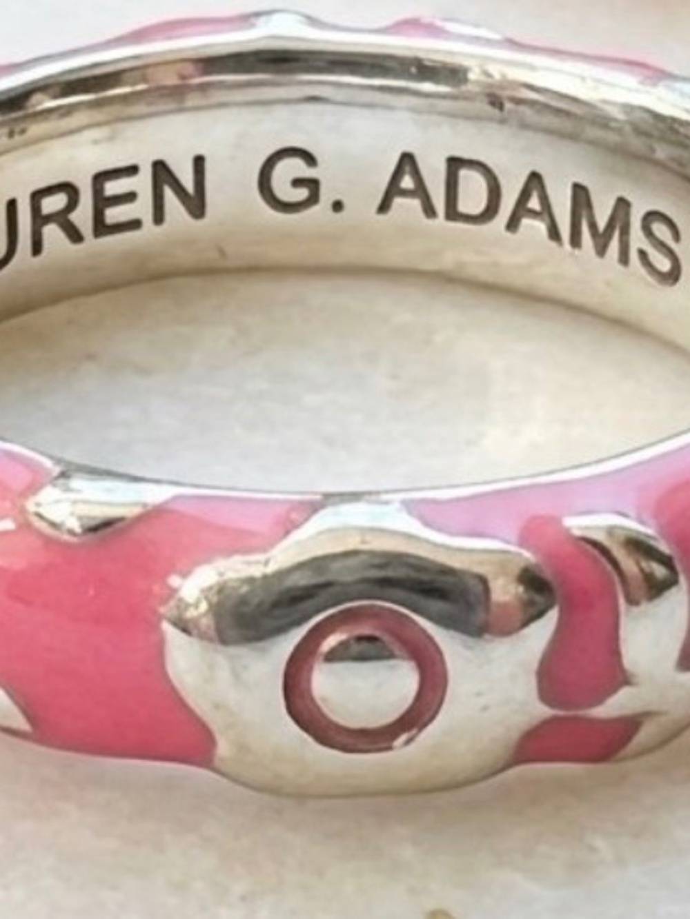 Signed Lauren G Adams Pink Enamel & Crystal Flower Stacking Band Size 8